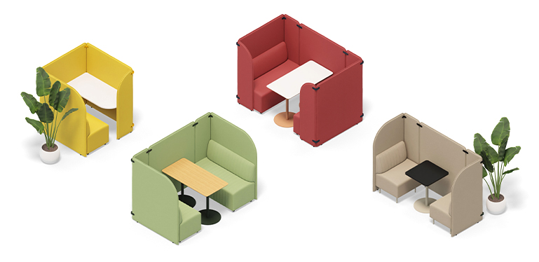 A range of different work booth layouts formed using Artus space division system