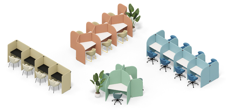 A range of different desking layouts formed using Artus space division system