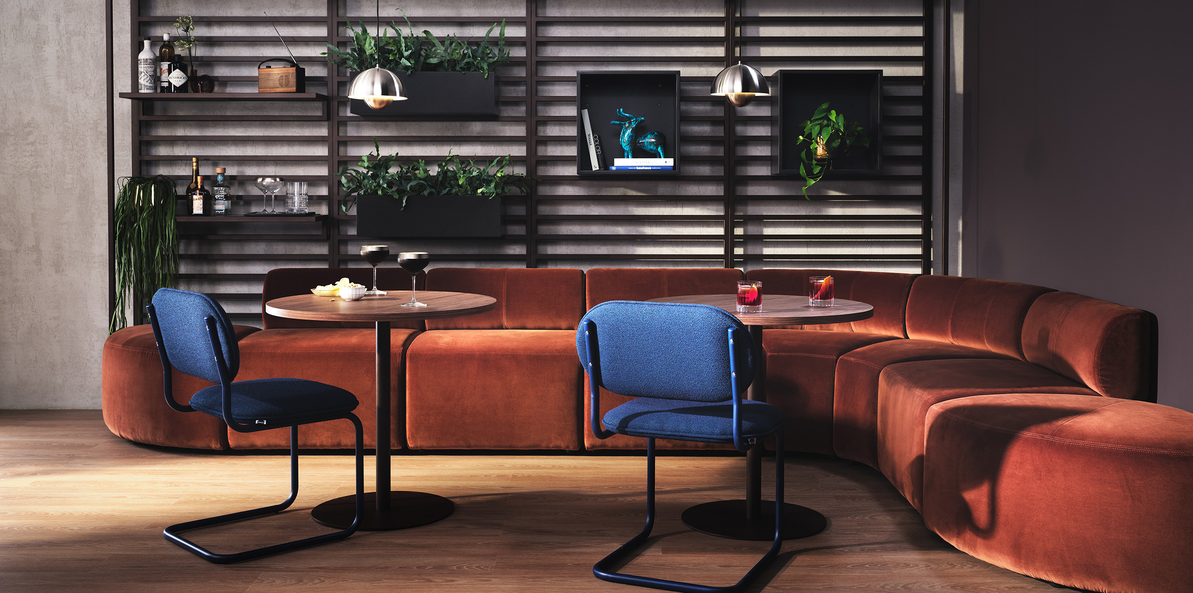 Curved banquette in cafe bar type setting